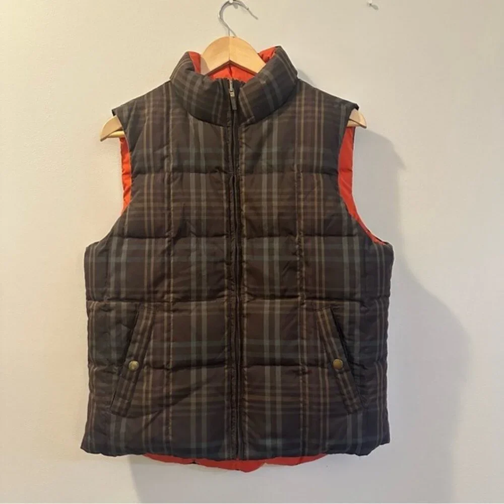 Ralph Lauren Reversible Puffer Vest Jacket Orange Brown Check Medium Cabincore